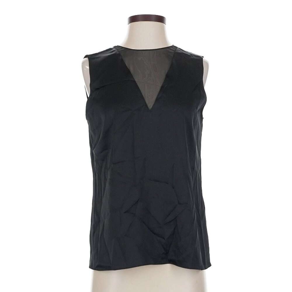 Theory Black V-Neck Sleeveless Blouse with Mesh Insert